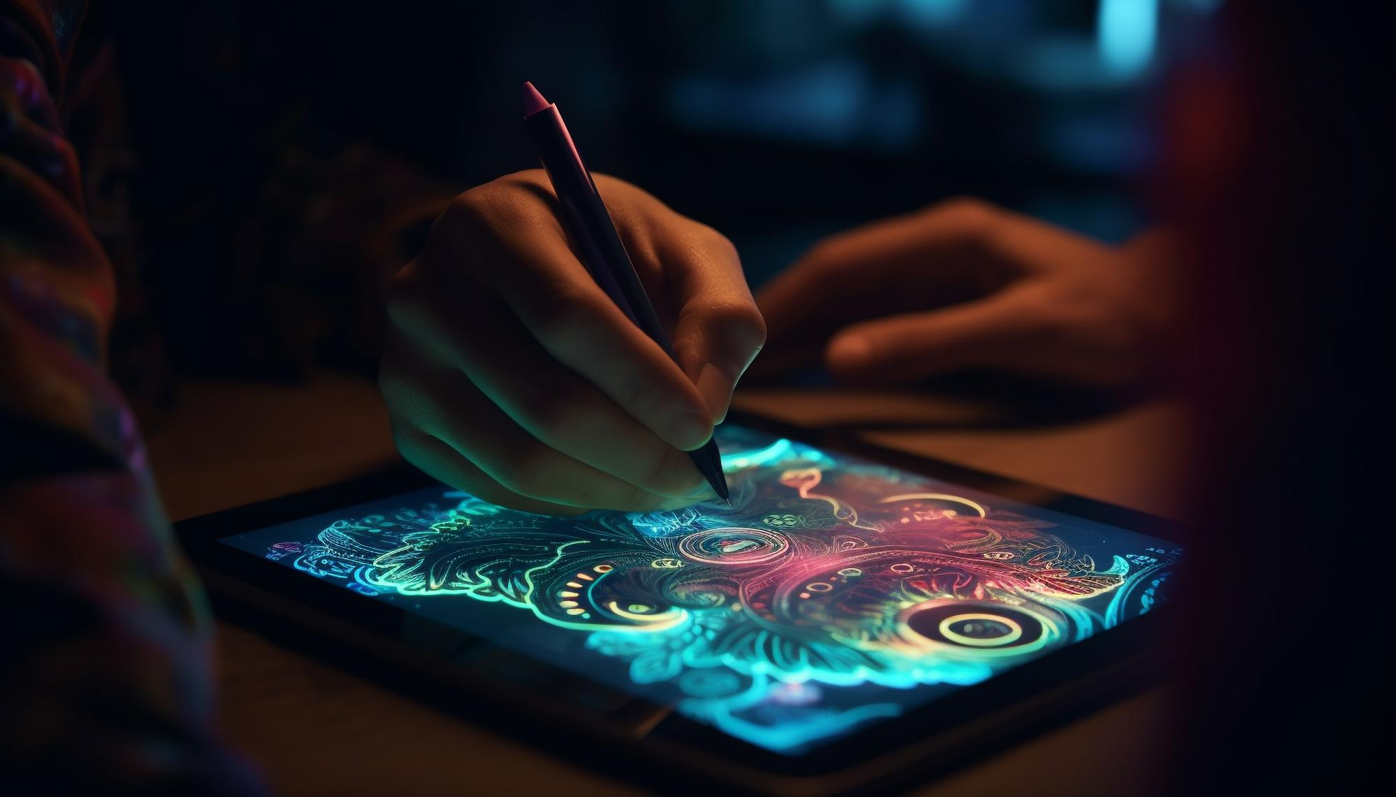 Une personne qui dessine sur une tablette tactile avec un stylet